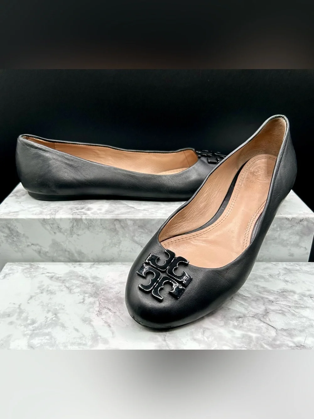 Tory Burch Black Leather Logo Ballet Flats